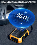 12V DC Portable Tire Inflator With LED Light And Digital Gauge displaying 36 PSI beside car tire