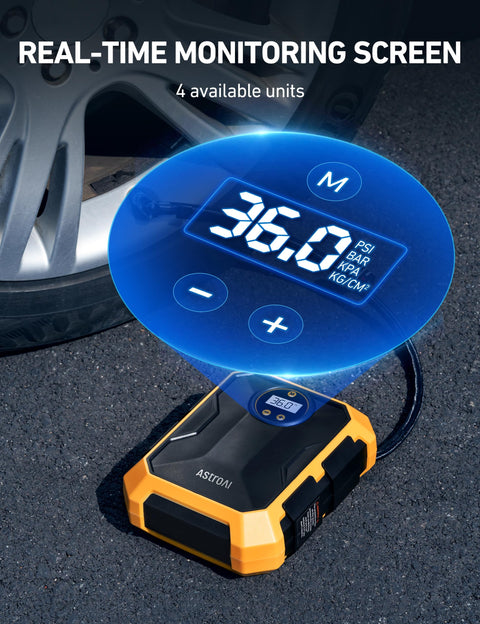 12V DC Portable Tire Inflator With LED Light And Digital Gauge displaying 36 PSI beside car tire