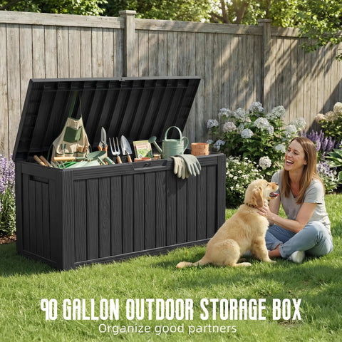 90 Gallon Outdoor Deck Box With Wheels Lockable Waterproof Weatherproof Resin Storage Chest for Patio in back yard