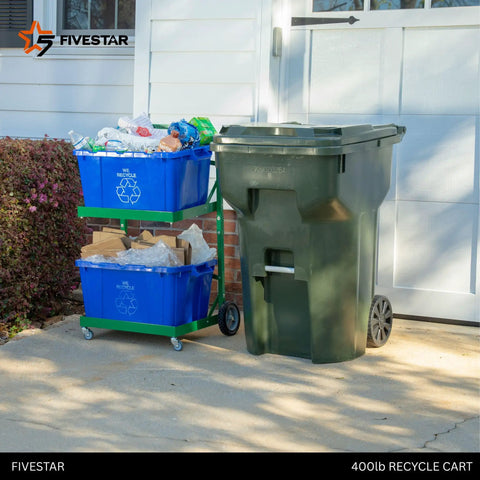 Tough As Nails Heavy Duty Recycle Bin Cart With Aluminum Frame And Stainless Steel Hardware Manages Four Hundred Pounds, featuring blue bins for recycling.