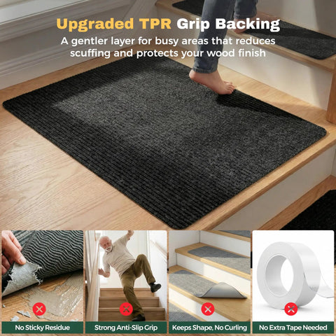Person stepping on No Slip Carpet Stair Treads 8 By 30 Inches Pack Of 28 With Reusable Adhesive, Slip Resistant Indoor Stair Runner