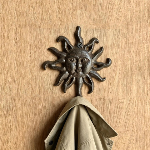 Heavy Duty Cast Iron Coat Hooks Set Of Two Vintage Sunburst Wall Mounts With Installation Screws Antique Dark Brown Rust Proof with coat.