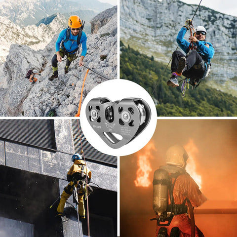 Images showing use of Double Zip Line Pulley Trolley With Tandem Dual Speed Pulleys 30kN 6700LBS Break Strength in climbing and rescue scenarios