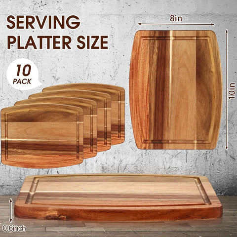 Kigley 10-pack acacia wood cutting boards with groove, 8x10 inches, stacked and laid flat.