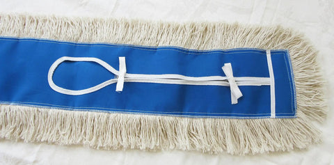 Heavy Hitter 36 Inch Washable Cotton Dust Mop Refill Head For Boss Grade Cleanup No Fuss Sweeper Pad with blue and white design.