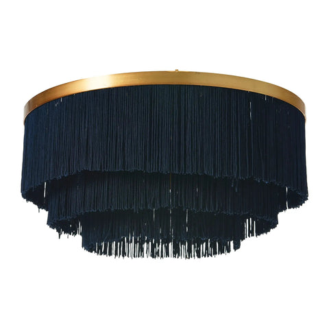Dope Navy Fringe Round Ceiling Light With Gold Rim, 13.75 Inch Semi Flush Mount, Modern Chandelier Vibe, hardwired