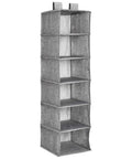 Six Tier Hanging Closet Shelf Organizer No Assembly Required, attaches standard closet rod, space saving, gray polyester.