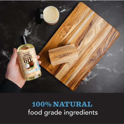 Fractionated Coconut Oil Cutting Board Oil For Kitchen Counters, Butcher Blocks, Wooden Bowls And Utensils, Food Safe, bottle next to wax and cutting board.