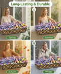 Adjustable Railing Planter Boxes Set with flowers, showing 4 seasons use, woman tending to planters in spring, summer, autumn, winter.