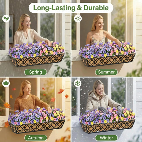 Adjustable Railing Planter Boxes Set with flowers, showing 4 seasons use, woman tending to planters in spring, summer, autumn, winter.