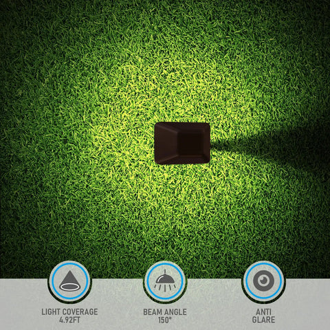 Top view of 5CCT Low Voltage Pathway Lights With Anti-Glare Side-Emitting Design illuminating grass with icons for features