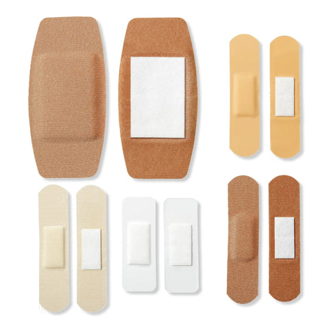 Assorted Adhesive Bandages With Four Sided Seal For Everyday Wound Care In A 200 Count Variety Pack displayed in multiple sizes
