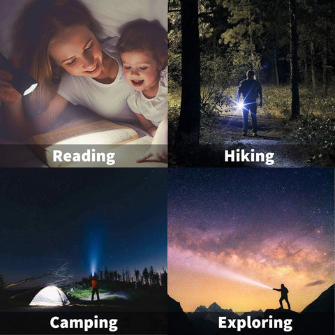 People using Powerful Emergency LED Handheld Flashlight Set 4 Pack With Adjustable Focus, Five Modes in various outdoor activities