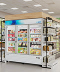 Heavy Duty Triple Glass Door Upright Freezer Merchandiser In Crisp White 52 Cubic Feet Commercial Display Cooler with various food products.