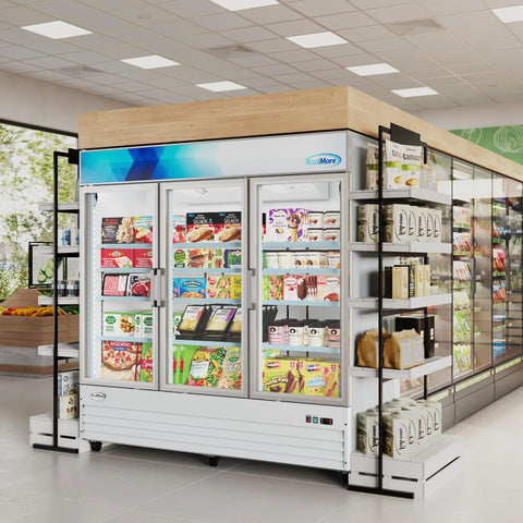 Heavy Duty Triple Glass Door Upright Freezer Merchandiser In Crisp White 52 Cubic Feet Commercial Display Cooler with various food products.
