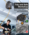Commercial Grade Retractable Air Hose Reel Featuring Zero Hassle Auto Rewind in a tidy workshop, 100 ft hose in use.