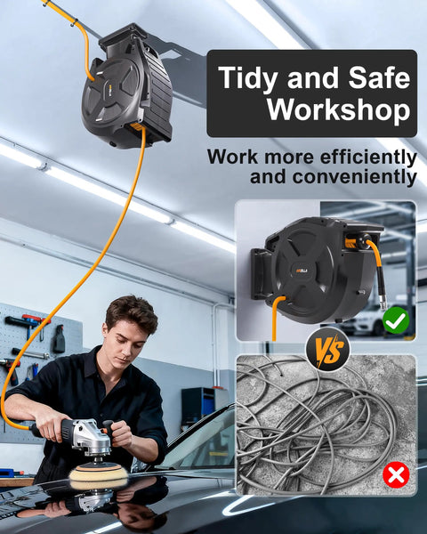 Commercial Grade Retractable Air Hose Reel Featuring Zero Hassle Auto Rewind in a tidy workshop, 100 ft hose in use.