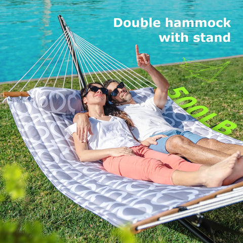 Double Hammock With Stand For Two People To Chill Heavy Duty Outdoor Hammock Supports Up To 500 Lbs Steel Frame With Balance Straps