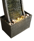 Curved Faux Slate Waterfall Fountain with LED Light Accents for Indoor or Outdoor Use, easy setup, modern black base with gray stone design.