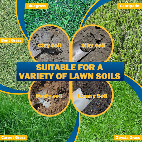 Lawn Aerator Coring Tool Manual Plug Core Aerator For Dense Soil image showing suitable lawn grasses and soils for aeration