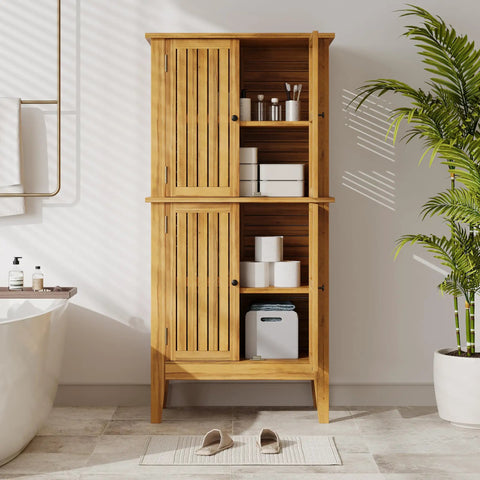 Outdoor Acacia Wood Storage Cabinet With Two Doors And Four Shelves For Backyard Garden Balcony Coastal Farmhouse Style