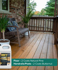 Badass Semi Transparent Outdoor Wood Stain And Sealer Combo Natural Pine Color One Gallon Bucket on deck with natural finish.