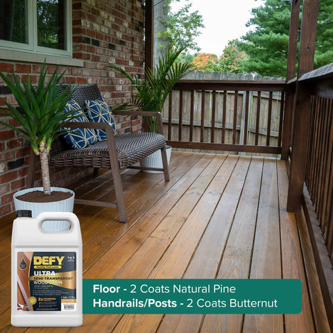 Badass Semi Transparent Outdoor Wood Stain And Sealer Combo Natural Pine Color One Gallon Bucket on deck with natural finish.