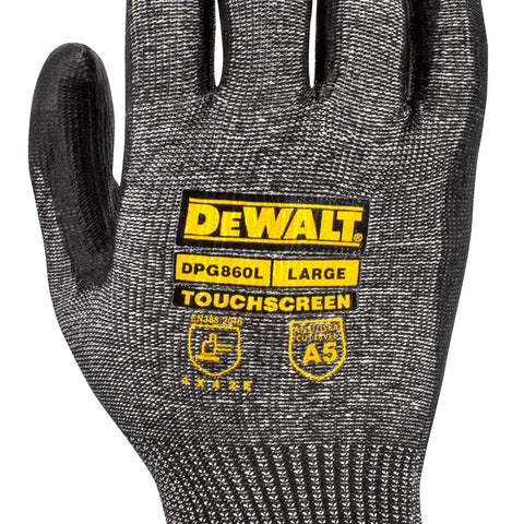 Close-up of Cut Level A5 Touchscreen Glove With PU Palm, 13 Gauge Nylon HPPE Fiberglass Shell, ANSI ISEA EN 4X42E