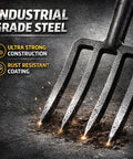 Close-up of Beefy Forged Steel Spading Fork With D Grip Handle 41 Inch Premium 4 Tine Digging Fork For Hard Soil highlighting steel quality.