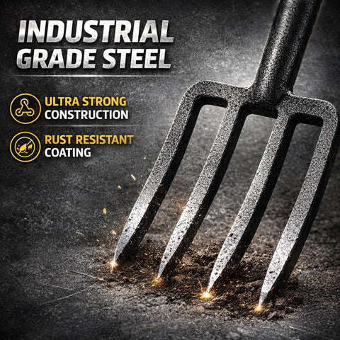 Close-up of Beefy Forged Steel Spading Fork With D Grip Handle 41 Inch Premium 4 Tine Digging Fork For Hard Soil highlighting steel quality.