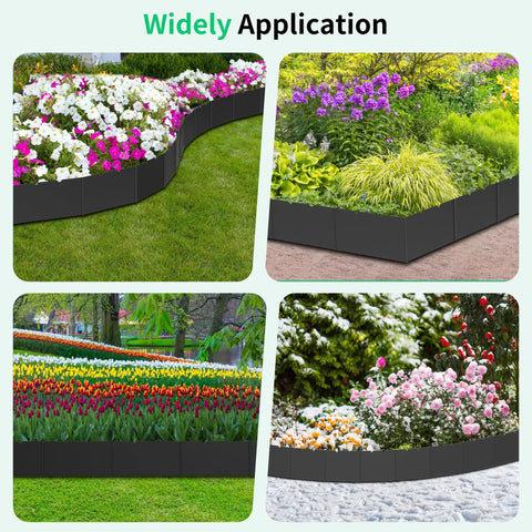 Collage of gardens using No Dig Plastic Garden Edging Border Kit With 20 Interlocking Panels And 20 Metal Anchoring Stakes