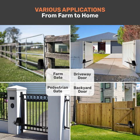 Heavy Duty Automatic Swing Gate Opener For Driveways Up To 16 Feet And 800 Lbs With Remote Control Kit shown on various gates.