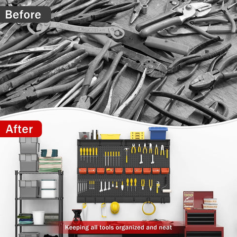 Before and after photos showing Pegboard Wall Organizer For Garage Storage 48 By 36 Inch With Hooks And Bins Tool Panel System 72 Piece Set