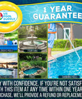 Collage of Six Foot Leaf Skimmer Net With Four Aluminum Pole Sections For Pools Spas And Ponds Ultra Fine Mesh Debris Cleanup Tool, showing use in various water settings, with 1 year guarantee banner.