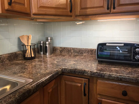 Kitchen showing Easy DIY Peel and Stick Glass Backsplash Tiles for Kitchen or Bathroom, Subway White 3x6 Inch Glass Tiles installed