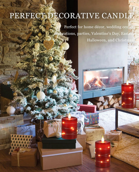 Cozy home setting with Flameless Candle Set With Remote Control And LED Fairy Lights Battery Powered Five Piece Assorted Sizes 4 To 8 Inches.