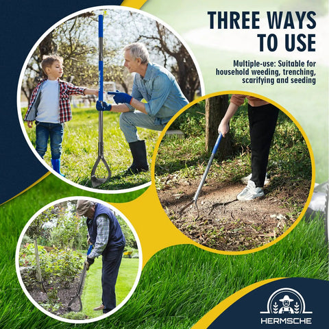 Workhorse Triangle Garden Hoe With Long Adjustable Handle 38.8 To 52.7 Inches Carbon Steel Weeder Cultivator used by gardeners in various tasks.