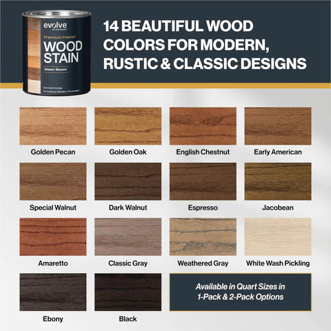 Premium Interior Water Based Wood Stain In Jacobean featuring 14 wood color options for furniture and cabinet revamping.