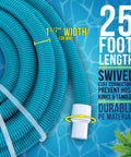 Coiled Pro Grade 1-1/2 Inch By 25 Foot Above Ground Pool Vacuum Hose with Swivel Cuff, highlighted dimensions and features.