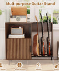 Mid Century Music Cabinet With Built In Outlets And Vinyl Record Storage Sturdy Guitar Stand Holding Three Instruments with records and amp