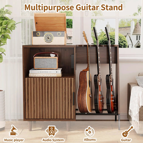 Mid Century Music Cabinet With Built In Outlets And Vinyl Record Storage Sturdy Guitar Stand Holding Three Instruments with records and amp