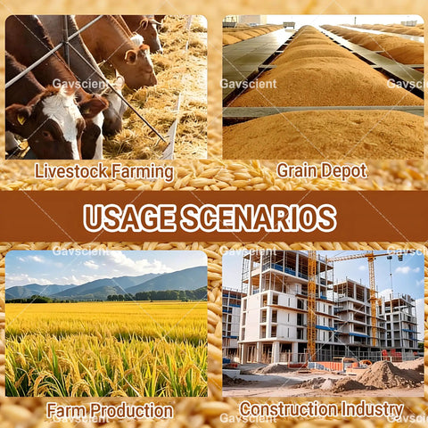 Usage scenarios for heavy duty grain auger in farming and construction, showing livestock, grain depot, field, building site.