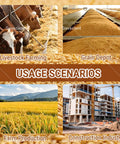 Collage of livestock farming, grain depot, farm production, and construction industry scenarios for equipment use.