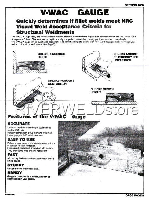V-WAC Single Weld Gage for fast weld inspections, checks undercuts and pits, crown height, porosity; inch markings visible.