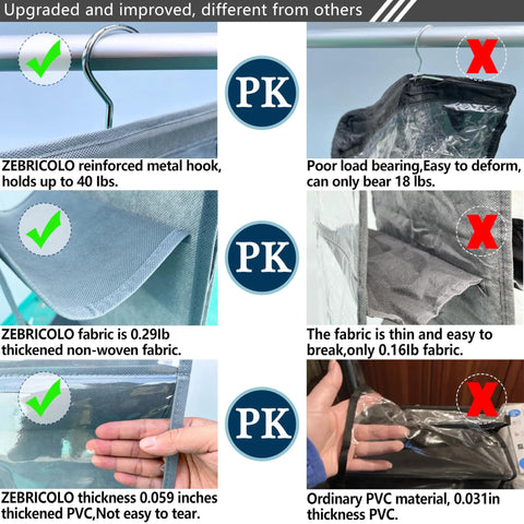 Comparison showing Heavy Duty Purse Organizer Set 2 Pack For Closet with reinforced hooks and thickened fabric vs competitors.