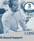 Customer support representative at Lenz Charging Solution with headset, highlighting US-based support and 3-year warranty banner.