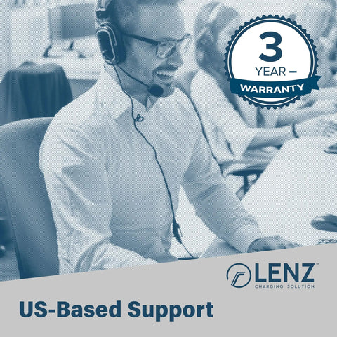 Customer support representative at Lenz Charging Solution with headset, highlighting US-based support and 3-year warranty banner.