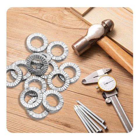 Heavy Duty M6 Wedge Lock Washers Set Premium Manganese Steel on wooden surface, caliper and hammer nearby for automotive use.