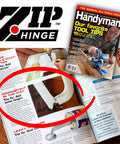Magazine page highlighting Zip Hinge, featuring Flip Up Downspout Hinge Kit For Easy Yard Access No Detach Needed Perfect For Lawn Mowing