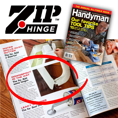 Magazine page highlighting Zip Hinge, featuring Flip Up Downspout Hinge Kit For Easy Yard Access No Detach Needed Perfect For Lawn Mowing